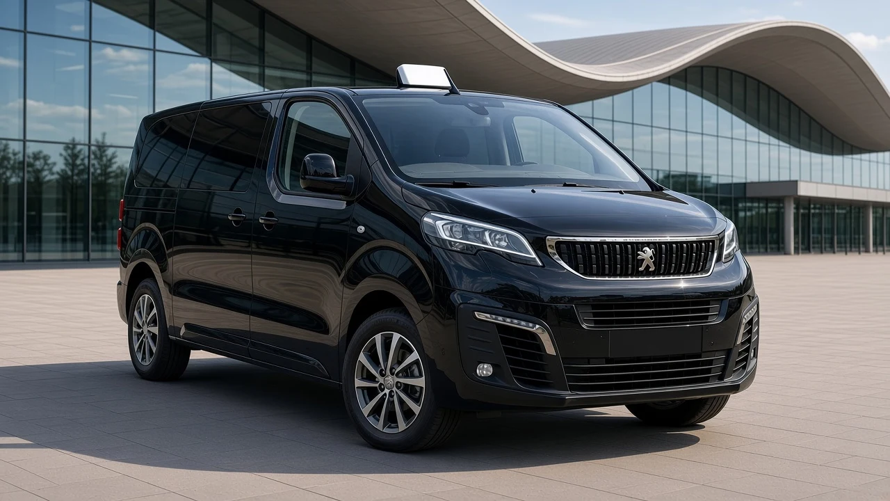 Van Peugeot noir devant un aéroport parisien
