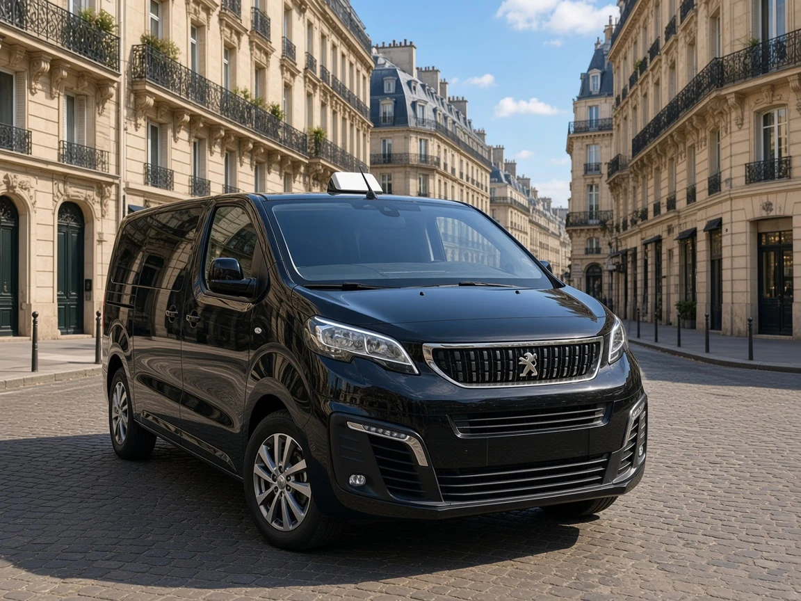 Van Peugeot noir Taxi Extreme dans une rue de Paris